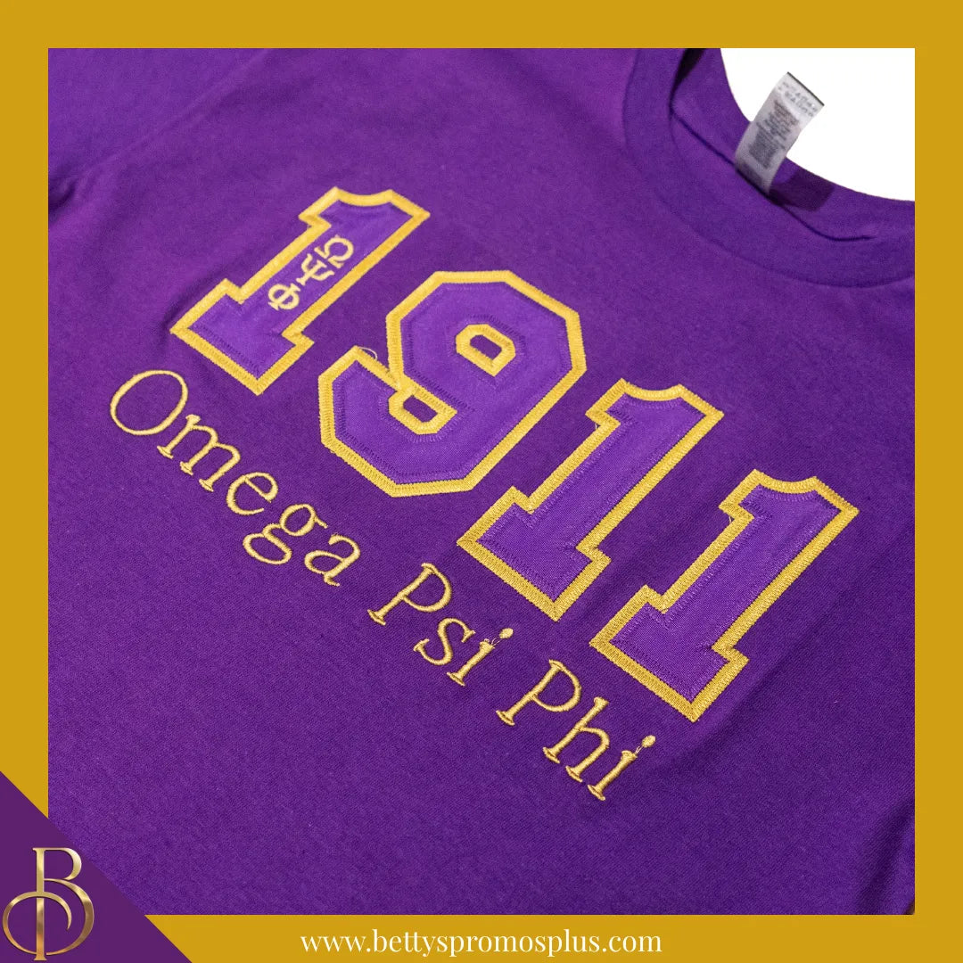 Omega Psi Phi 1911 ΩΨΦ Script Double Stitched Appliqué Embroidered Line T-Shirt-Omega Psi Phi Paraphernalia-Omega Psi Phi T-Shirts-Betty's Promos Plus
