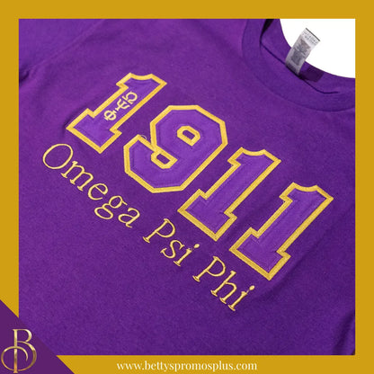 Omega Psi Phi 1911 ΩΨΦ Script Double Stitched Appliqué Embroidered Line T-Shirt-Omega Psi Phi Paraphernalia-Omega Psi Phi T-Shirts-Betty's Promos Plus