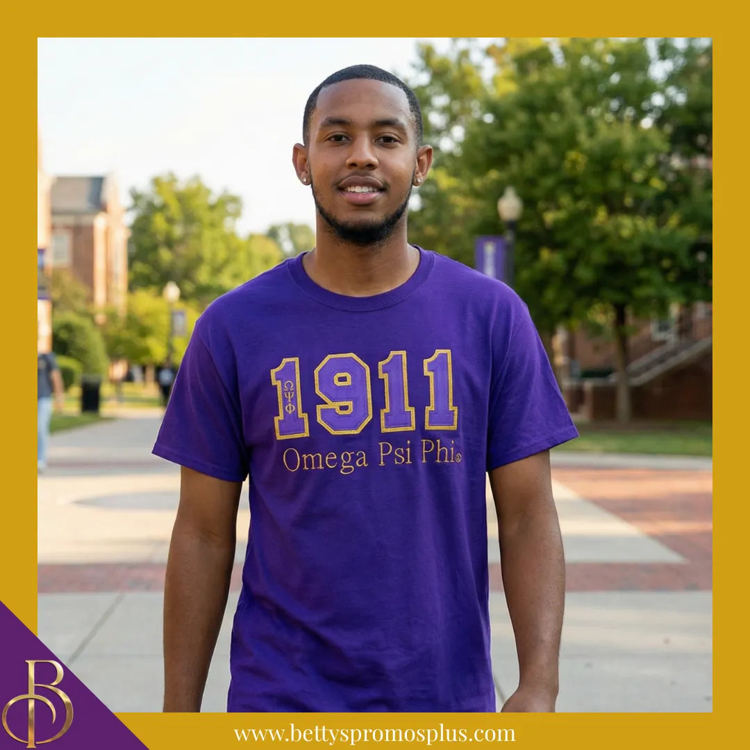 Omega Psi Phi 1911 ΩΨΦ Script Double Stitched Appliqué Embroidered Line T-Shirt-Omega Psi Phi Paraphernalia-Omega Psi Phi T-Shirts-Betty's Promos Plus