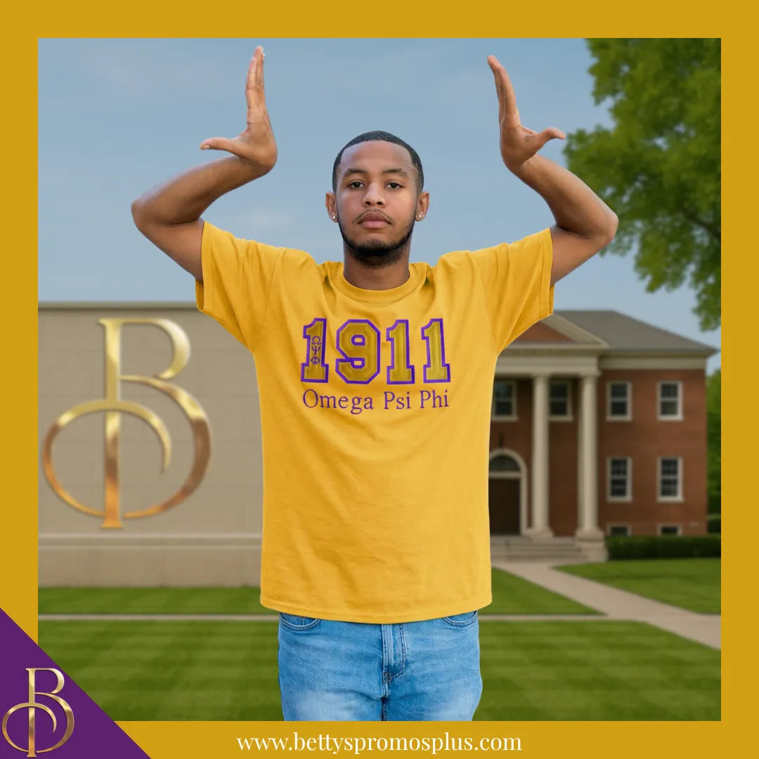 Omega Psi Phi 1911 ΩΨΦ Script Double Stitched Appliqué Embroidered Line T-Shirt-Omega Psi Phi Paraphernalia-Omega Psi Phi T-Shirts-Betty's Promos Plus