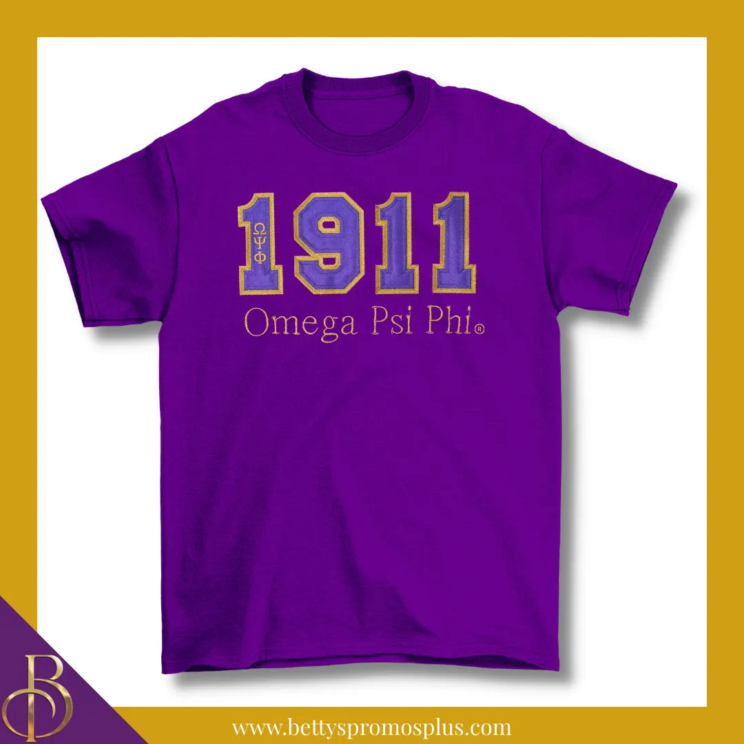 Omega Psi Phi 1911 ΩΨΦ Script Double Stitched Appliqué Embroidered Line T-Shirt-Purple-Small-Omega Psi Phi Paraphernalia-Omega Psi Phi T-Shirts-Betty's Promos Plus
