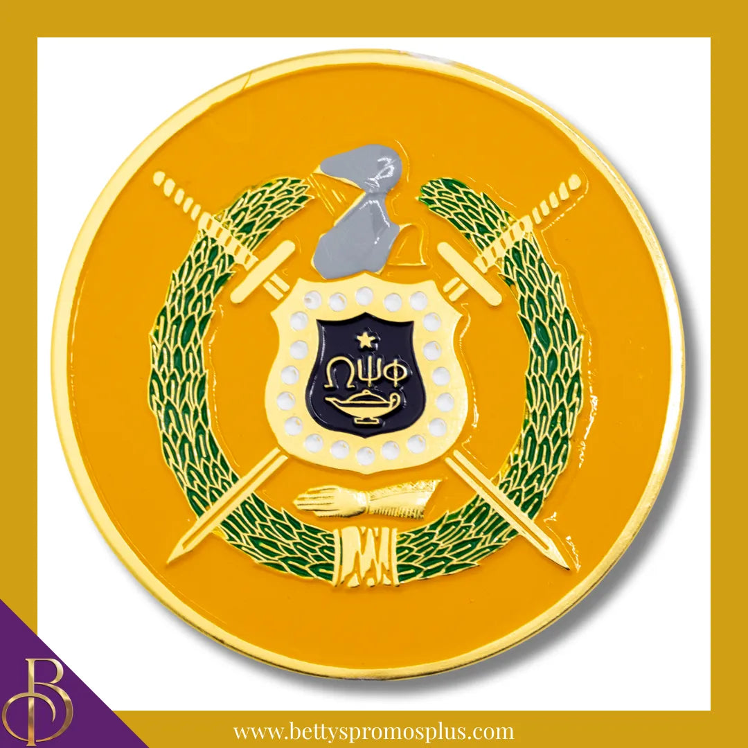 Omega Psi Phi Circular ΩΨΦ Shield Crest Auto Car Decal Sticker-Gold-Omega Psi Phi Paraphernalia-Omega Psi Phi Auto Decal-Betty's Promos Plus