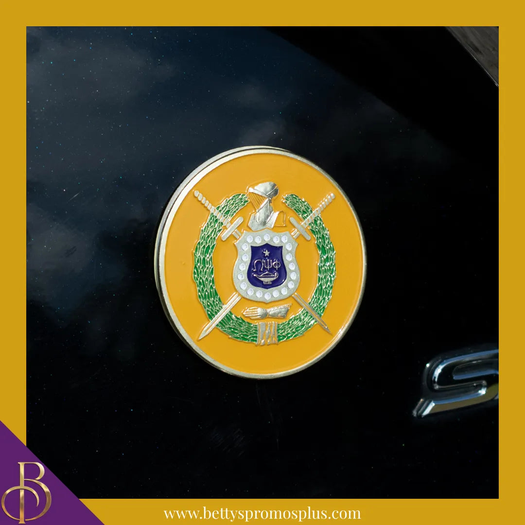Omega Psi Phi Circular ΩΨΦ Shield Crest Auto Car Decal Sticker-Omega Psi Phi Paraphernalia-Omega Psi Phi Auto Decal-Betty's Promos Plus