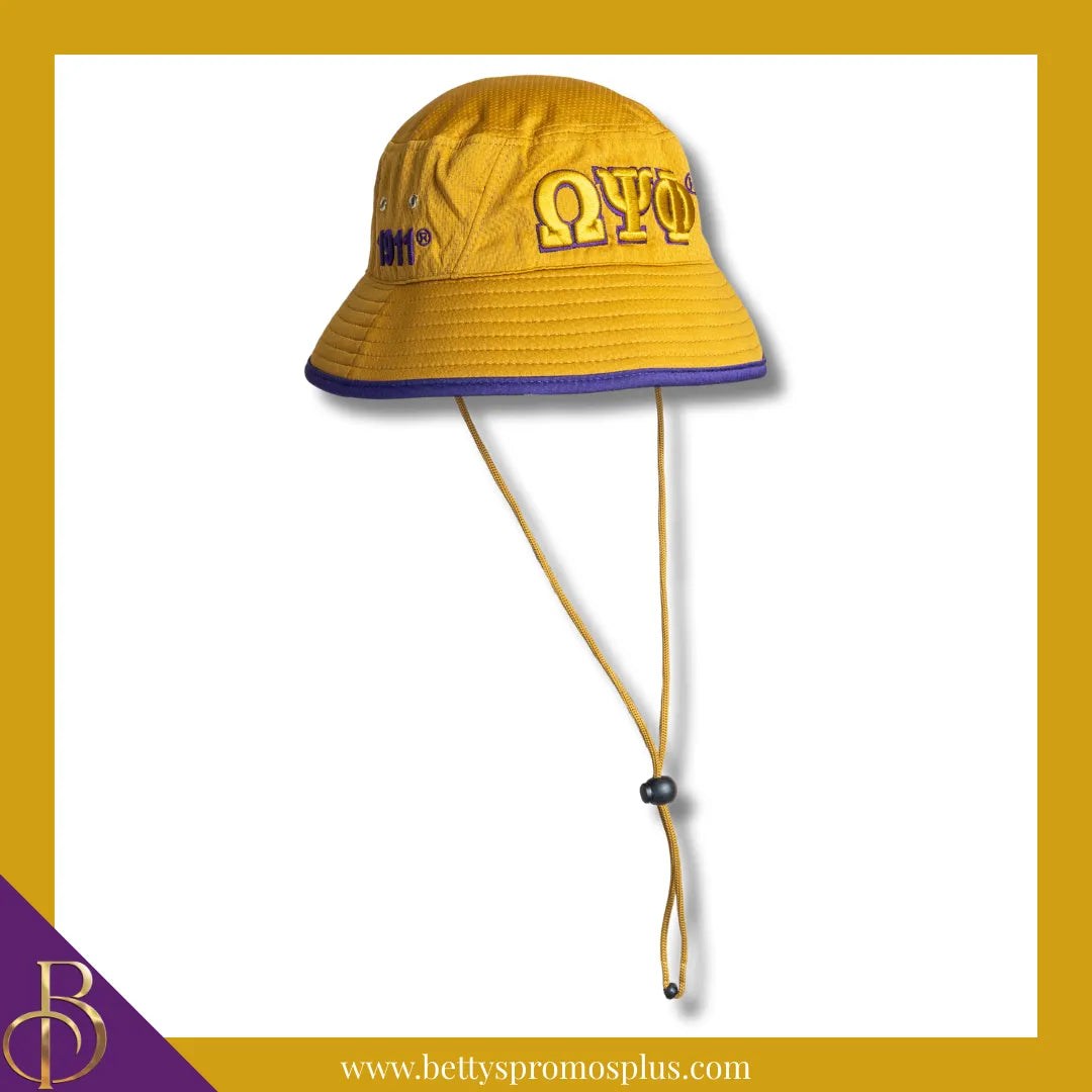 Omega Psi Phi Mesh Flex Fit ΩΨΦ Greek Letters Embroidered Bucket Hat with Drawstring-Old Gold-Omega Psi Phi Paraphernalia-Omega Psi Phi Hats-Betty's Promos Plus