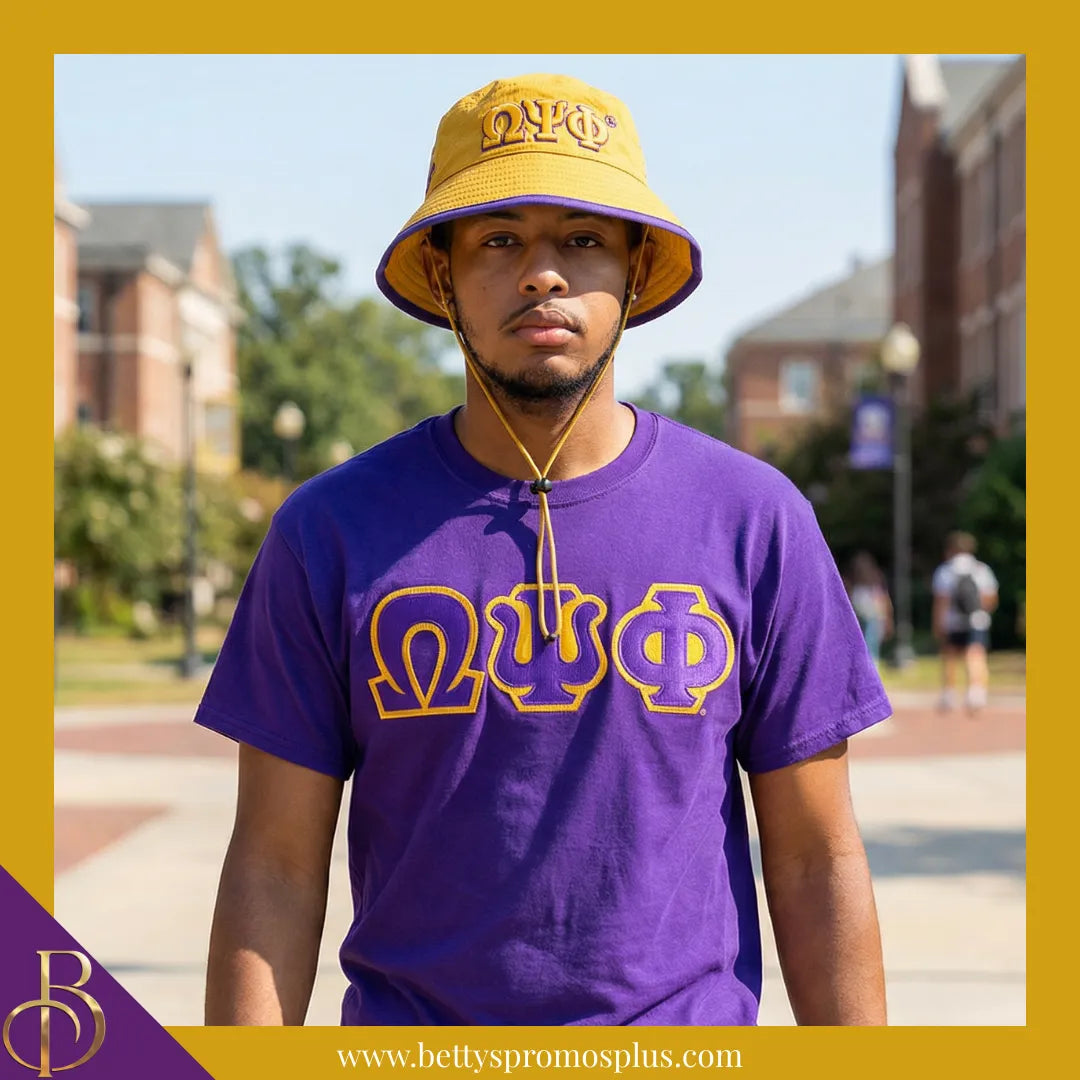 Omega Psi Phi Mesh Flex Fit ΩΨΦ Greek Letters Embroidered Bucket Hat with Drawstring-Omega Psi Phi Paraphernalia-Omega Psi Phi Hats-Betty's Promos Plus