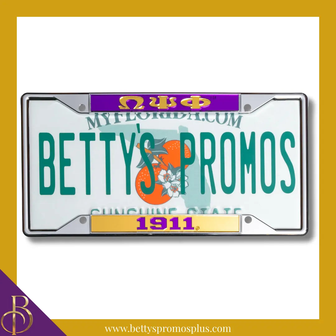 Omega Psi Phi ΩΨΦ 1911 Chrome Laser Engraved Mirrored Acrylic Auto Tag License Plate Frame-Omega Psi Phi Paraphernalia-Omega Psi Phi Auto Tag Frame-Betty's Promos Plus