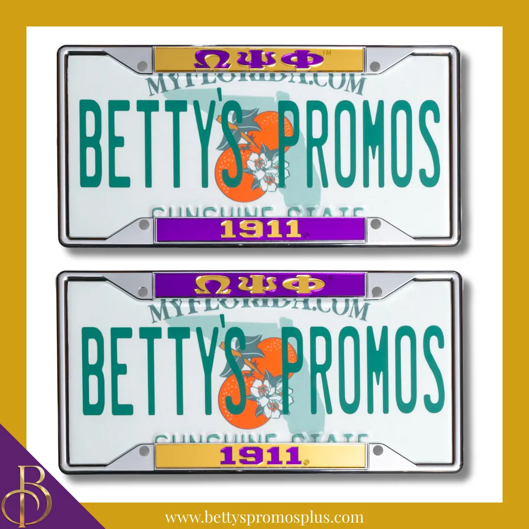 Omega Psi Phi ΩΨΦ 1911 Chrome Laser Engraved Mirrored Acrylic Auto Tag License Plate Frame-Omega Psi Phi Paraphernalia-Omega Psi Phi Auto Tag Frame-Betty's Promos Plus