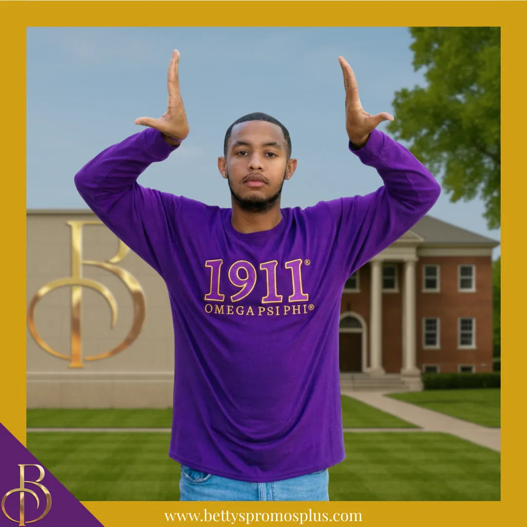 Omega Psi Phi ΩΨΦ 1911 Embroidered Long Sleeve T-Shirt-Omega Psi Phi Paraphernalia-Omega Psi Phi T-Shirts-Betty's Promos Plus