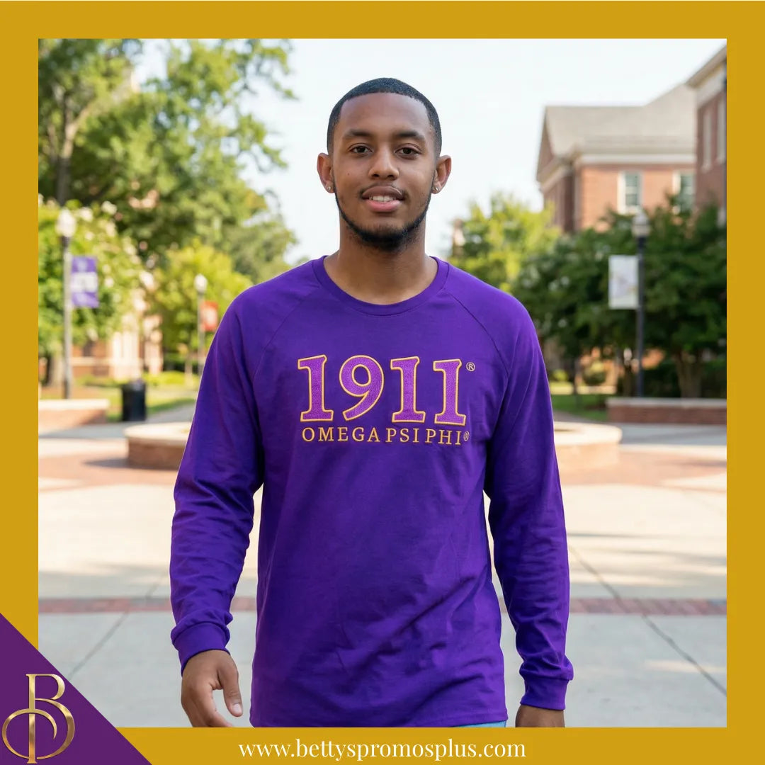 Omega Psi Phi ΩΨΦ 1911 Embroidered Long Sleeve T-Shirt-Omega Psi Phi Paraphernalia-Omega Psi Phi T-Shirts-Betty's Promos Plus