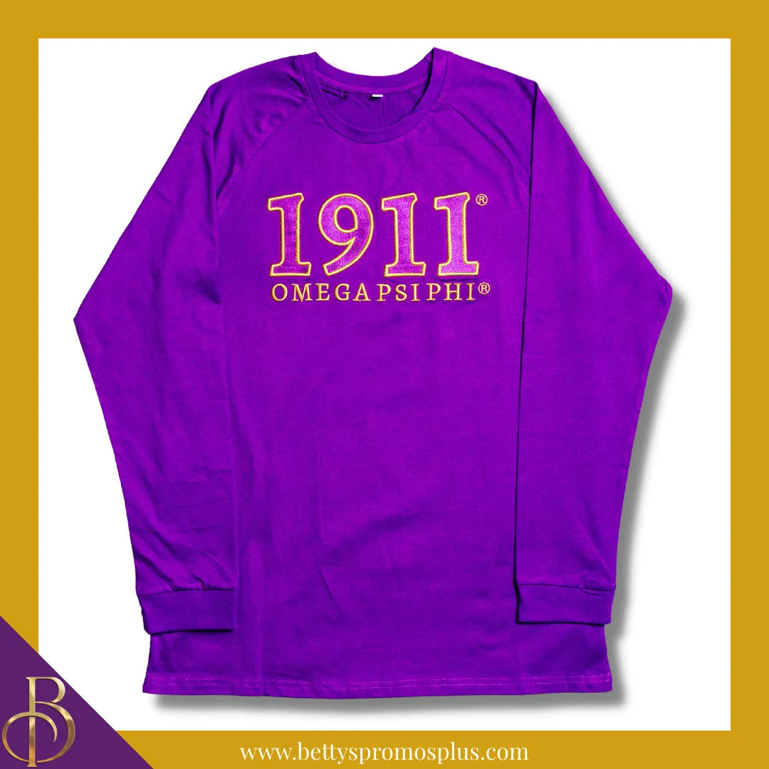 Omega Psi Phi ΩΨΦ 1911 Embroidered Long Sleeve T-Shirt-Omega Psi Phi Paraphernalia-Omega Psi Phi T-Shirts-Betty's Promos Plus