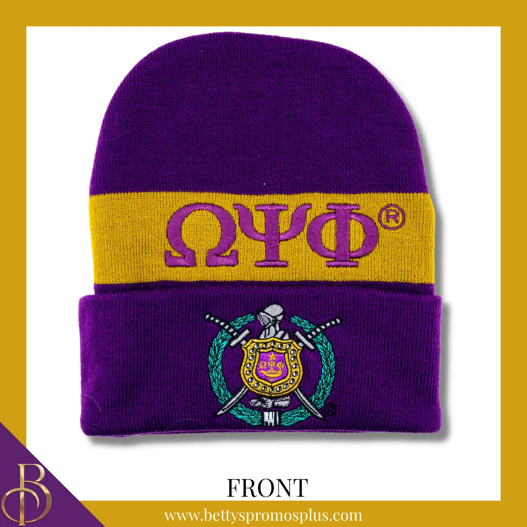 Omega Psi Phi ΩΨΦ 1911 Embroidered Shield Knit Crest Beanie-Omega Psi Phi Paraphernalia-Omega Psi Phi Hats-Betty's Promos Plus