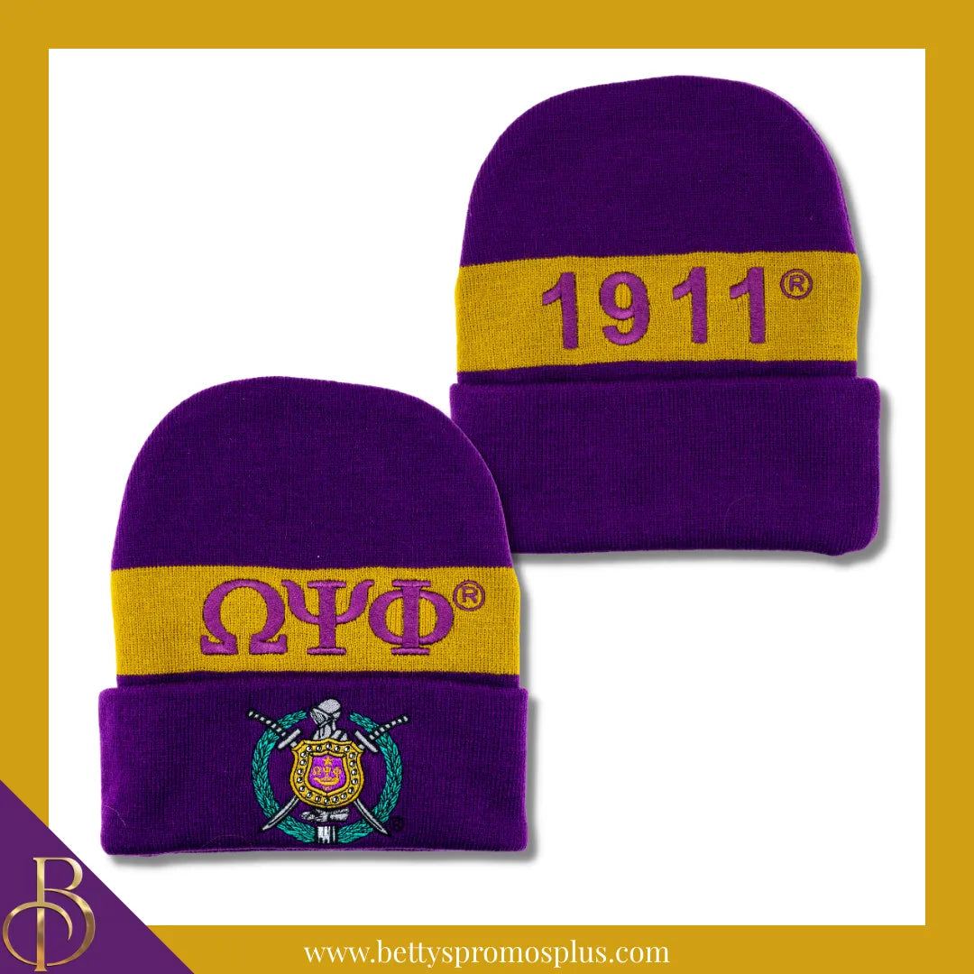 Omega Psi Phi ΩΨΦ 1911 Embroidered Shield Knit Crest Beanie-Omega Psi Phi Paraphernalia-Omega Psi Phi Hats-Betty's Promos Plus