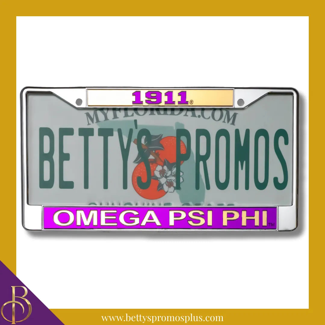 Omega Psi Phi ΩΨΦ 1911 Top Chrome Laser Engraved Mirrored Acrylic Auto Tag License Plate Frame-Omega Psi Phi Paraphernalia-Omega Psi Phi Auto Tag Frame-Betty's Promos Plus