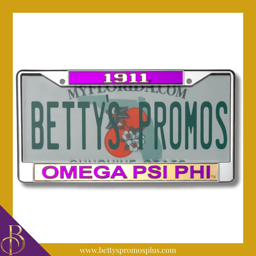 Omega Psi Phi ΩΨΦ 1911 Top Chrome Laser Engraved Mirrored Acrylic Auto Tag License Plate Frame-Omega Psi Phi Paraphernalia-Omega Psi Phi Auto Tag Frame-Betty's Promos Plus