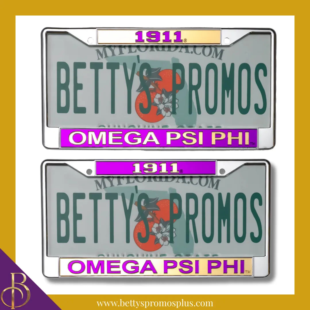 Omega Psi Phi ΩΨΦ 1911 Top Chrome Laser Engraved Mirrored Acrylic Auto Tag License Plate Frame-Omega Psi Phi Paraphernalia-Omega Psi Phi Auto Tag Frame-Betty's Promos Plus