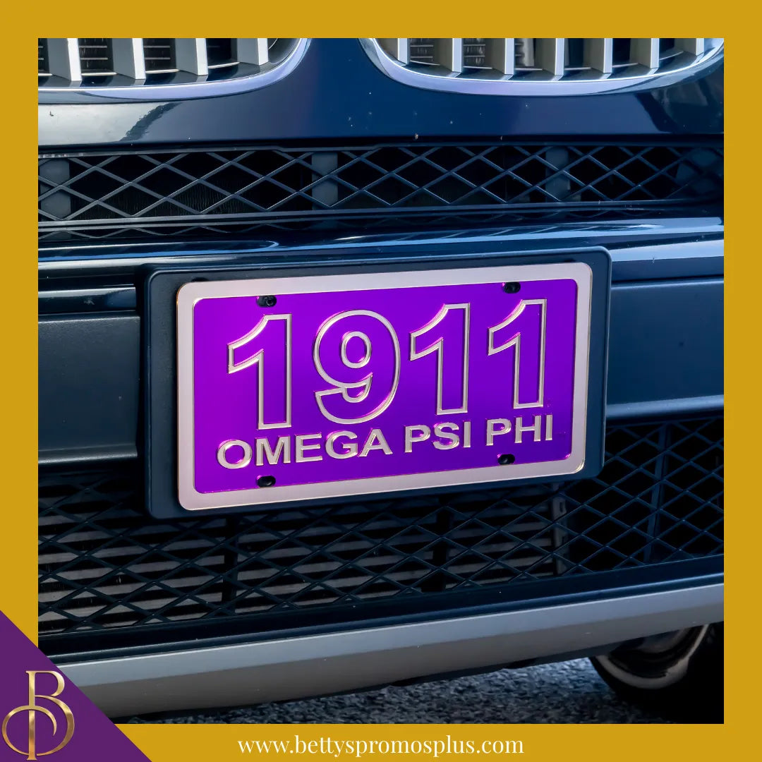 Omega Psi Phi ΩΨΦ 1911 with Omega Psi Phi Laser Engraved Mirrored Acrylic Auto Tag License Plate-Omega Psi Phi Paraphernalia-Omega Psi Phi Auto Tag-Betty's Promos Plus