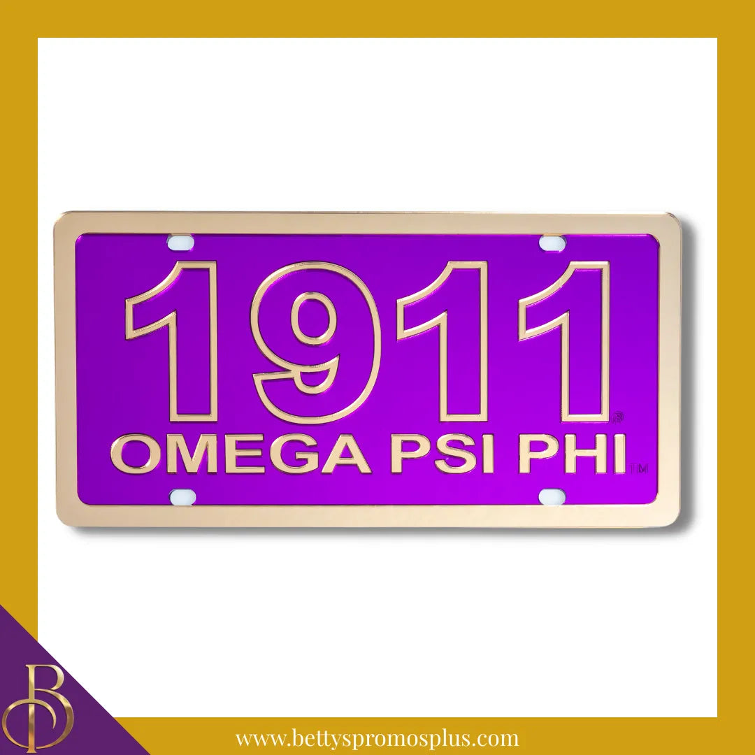 Omega Psi Phi ΩΨΦ 1911 with Omega Psi Phi Laser Engraved Mirrored Acrylic Auto Tag License Plate-Omega Psi Phi Paraphernalia-Omega Psi Phi Auto Tag-Betty's Promos Plus