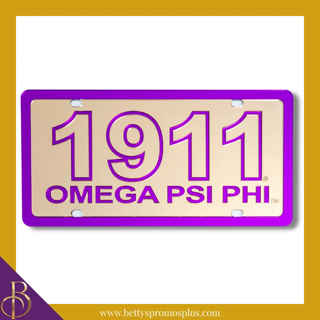 Omega Psi Phi ΩΨΦ 1911 with Omega Psi Phi Laser Engraved Mirrored Acrylic Auto Tag License Plate-Omega Psi Phi Paraphernalia-Omega Psi Phi Auto Tag-Betty's Promos Plus