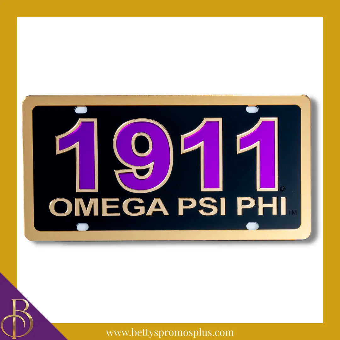 Omega Psi Phi ΩΨΦ 1911 with Omega Psi Phi Laser Engraved Mirrored Acrylic Auto Tag License Plate-Omega Psi Phi Paraphernalia-Omega Psi Phi Auto Tag-Betty's Promos Plus