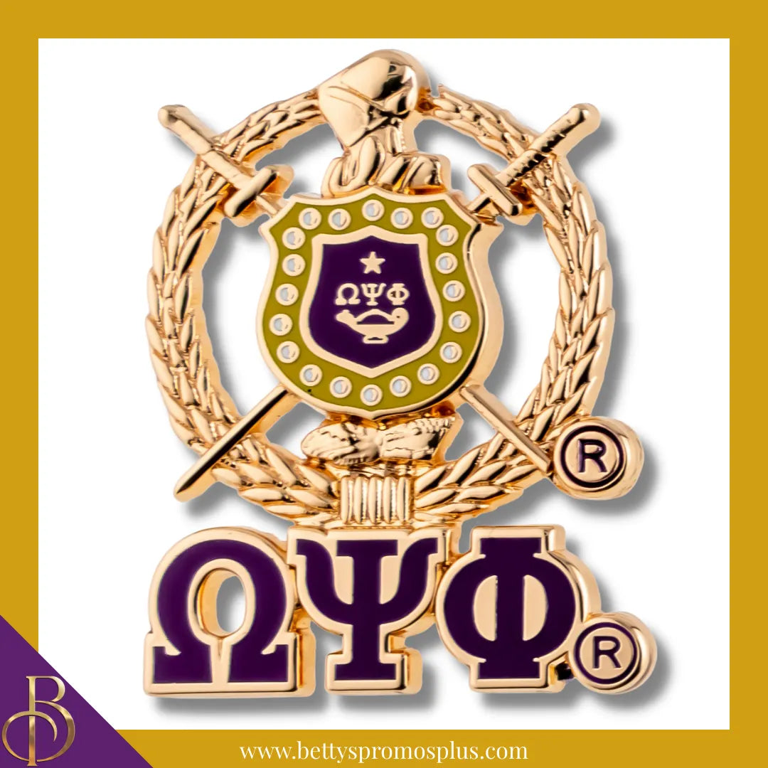 Omega Psi Phi ΩΨΦ 3D Color Shield with Letters Greek Fraternity Lapel Pin-Gold-Omega Psi Phi Paraphernalia-Omega Psi Phi Lapel Pin-Betty's Promos Plus