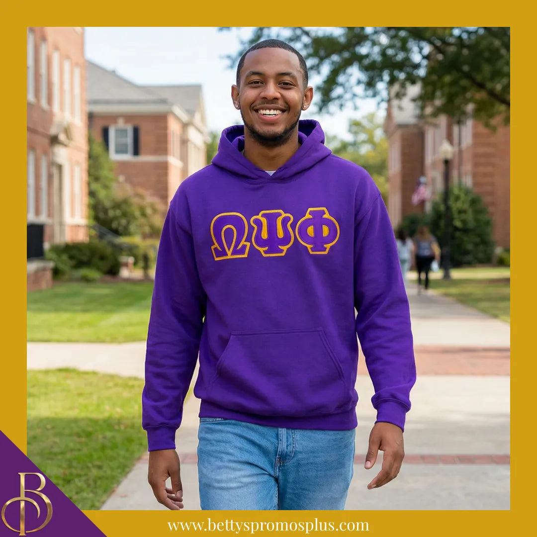 Omega Psi Phi ΩΨΦ Applique Embroidered Greek Letter Pullover Hoodie Sweatshirt-Omega Psi Phi Paraphernalia-Omega Psi Phi Hoodie-Betty's Promos Plus