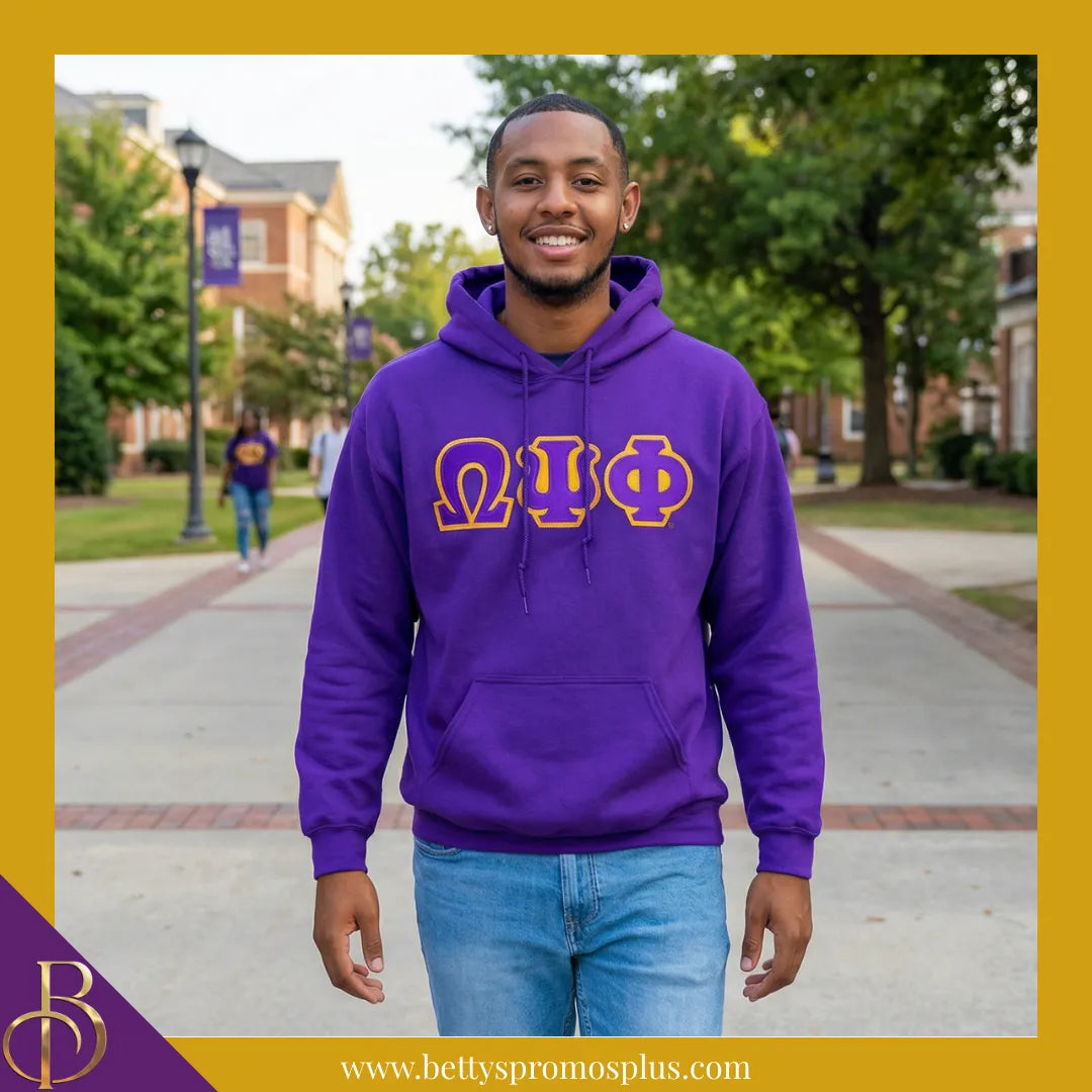 Omega Psi Phi ΩΨΦ Applique Embroidered Greek Letter Pullover Hoodie Sweatshirt-Omega Psi Phi Paraphernalia-Omega Psi Phi Hoodie-Betty's Promos Plus