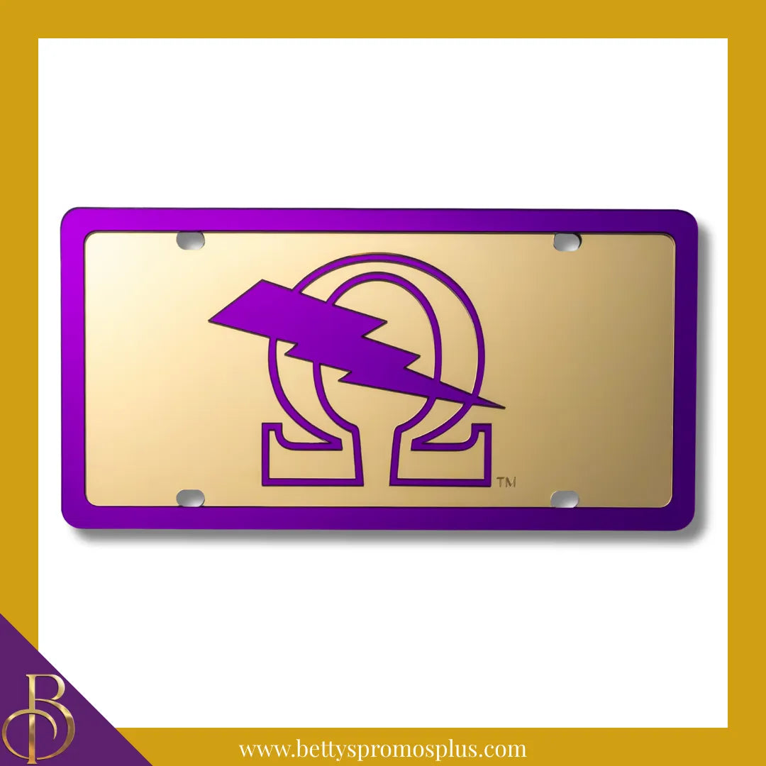 Omega Psi Phi ΩΨΦ Bolt Laser Engraved Mirrored Acrylic Auto Tag License Plate-Gold Background-Purple Trim-Omega Psi Phi Paraphernalia-Omega Psi Phi Auto Tag-Betty's Promos Plus