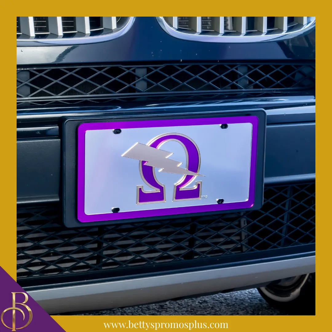 Omega Psi Phi ΩΨΦ Bolt Laser Engraved Mirrored Acrylic Auto Tag License Plate-Omega Psi Phi Paraphernalia-Omega Psi Phi Auto Tag-Betty's Promos Plus