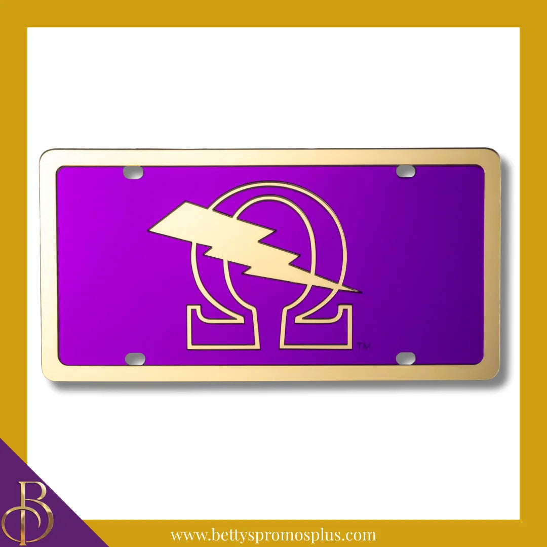 Omega Psi Phi ΩΨΦ Bolt Laser Engraved Mirrored Acrylic Auto Tag License Plate-Omega Psi Phi Paraphernalia-Omega Psi Phi Auto Tag-Betty's Promos Plus