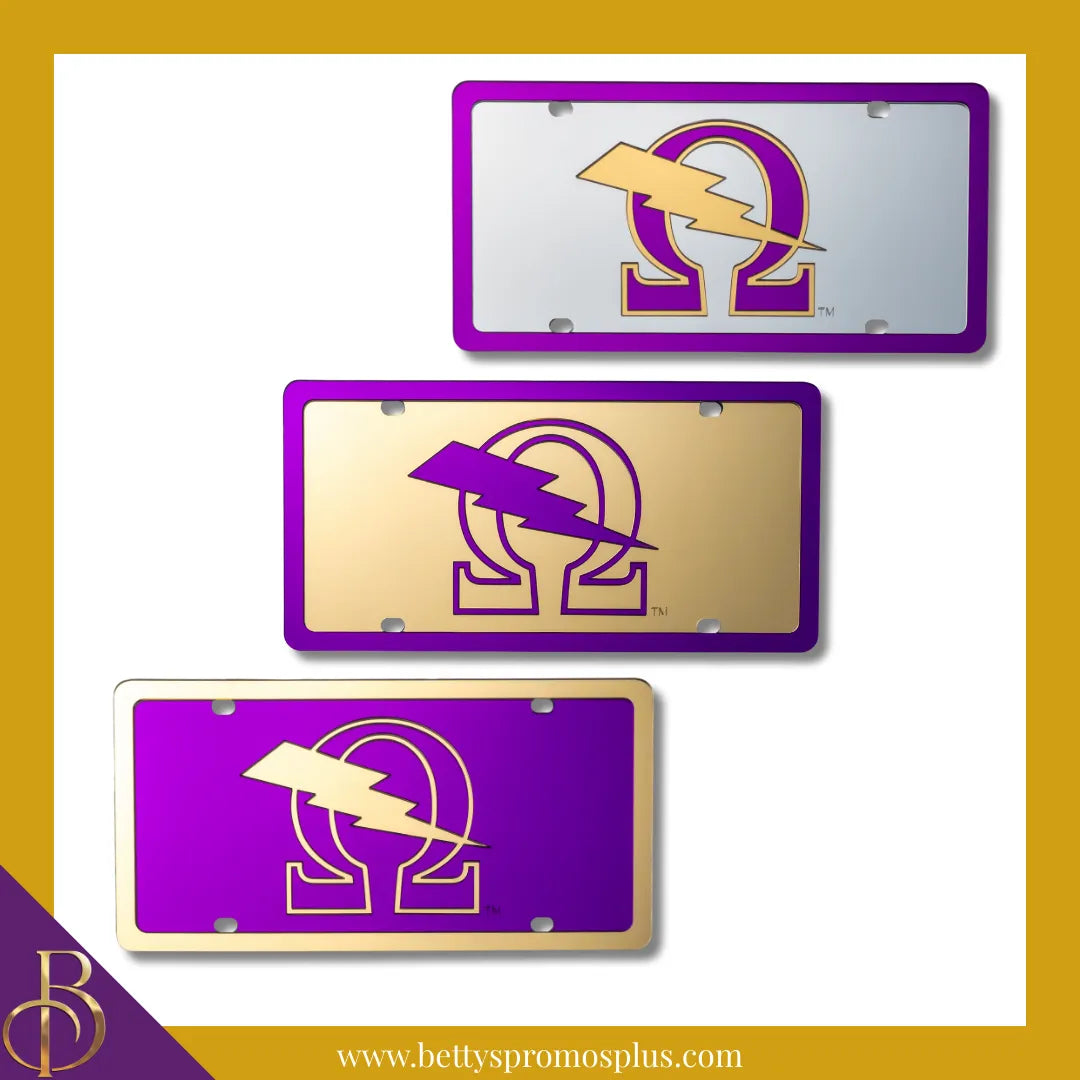 Omega Psi Phi ΩΨΦ Bolt Laser Engraved Mirrored Acrylic Auto Tag License Plate-Omega Psi Phi Paraphernalia-Omega Psi Phi Auto Tag-Betty's Promos Plus