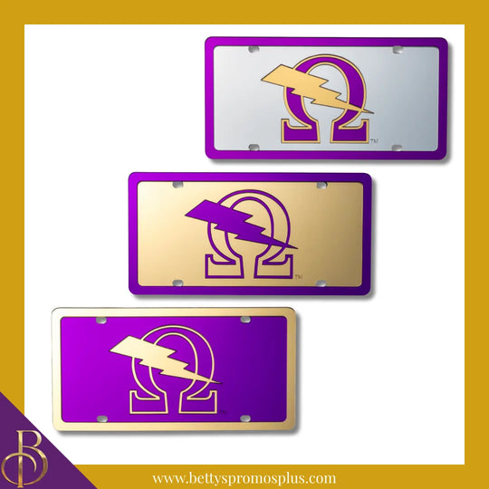 Omega Psi Phi ΩΨΦ Bolt Laser Engraved Mirrored Acrylic Auto Tag License Plate-Omega Psi Phi Paraphernalia-Omega Psi Phi Auto Tag-Betty's Promos Plus