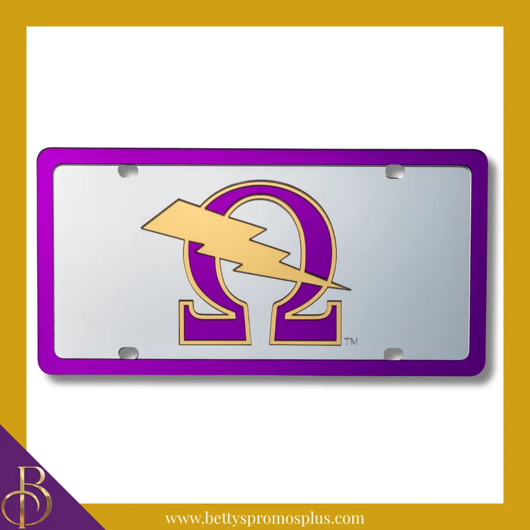 Omega Psi Phi ΩΨΦ Bolt Laser Engraved Mirrored Acrylic Auto Tag License Plate-Silver Background-Purple Trim-Omega Psi Phi Paraphernalia-Omega Psi Phi Auto Tag-Betty's Promos Plus