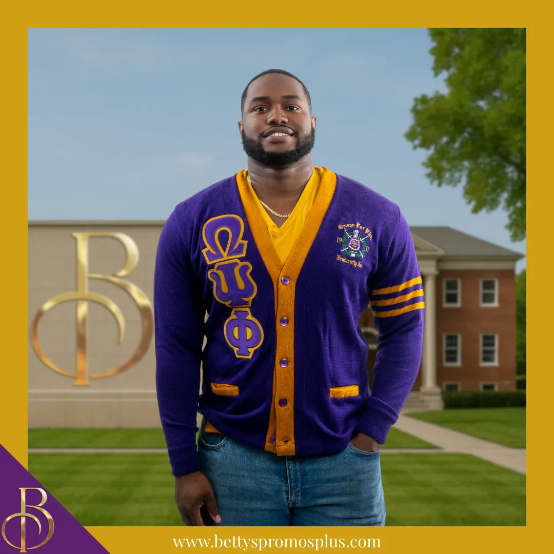 Omega Psi Phi ΩΨΦ Cardigan Sweater with Double Stitched Twill Embroide