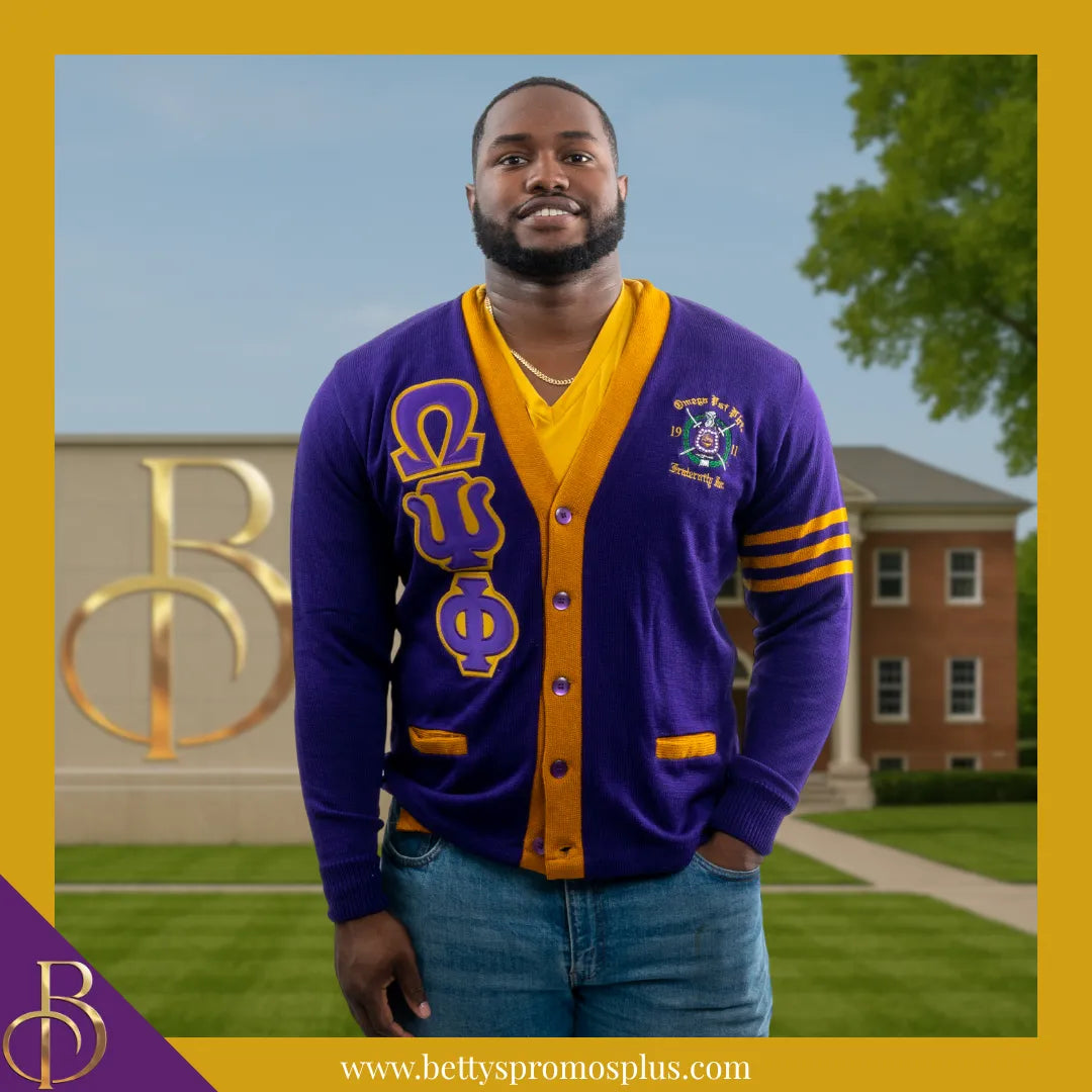 Omega Psi Phi ΩΨΦ Cardigan Sweater with Double Stitched Twill