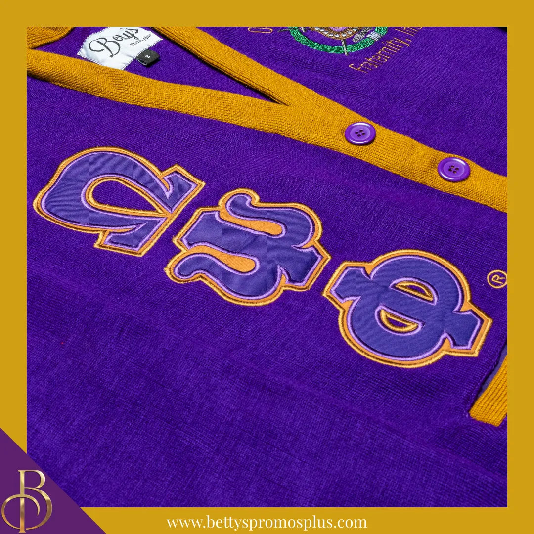 Omega Psi Phi ΩΨΦ Cardigan Sweater with Double Stitched Twill Embroidered Letters & ΩΨΦ Shield-Omega Psi Phi Paraphernalia-Omega Psi Phi Sweaters-Betty's Promos Plus