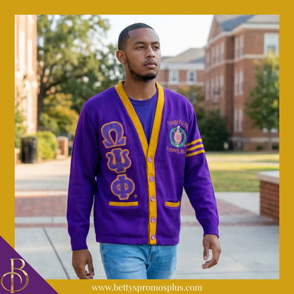 Omega Psi Phi ΩΨΦ Cardigan Sweater with Double Stitched Twill Embroidered Letters & ΩΨΦ Shield-Omega Psi Phi Paraphernalia-Omega Psi Phi Sweaters-Betty's Promos Plus