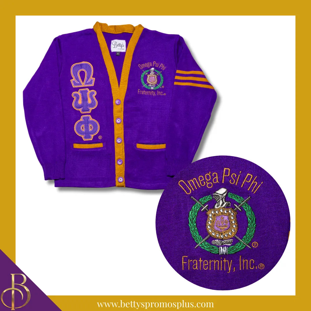Omega Psi Phi ΩΨΦ Cardigan Sweater with Double Stitched Twill Embroidered Letters & ΩΨΦ Shield-Omega Psi Phi Paraphernalia-Omega Psi Phi Sweaters-Betty's Promos Plus