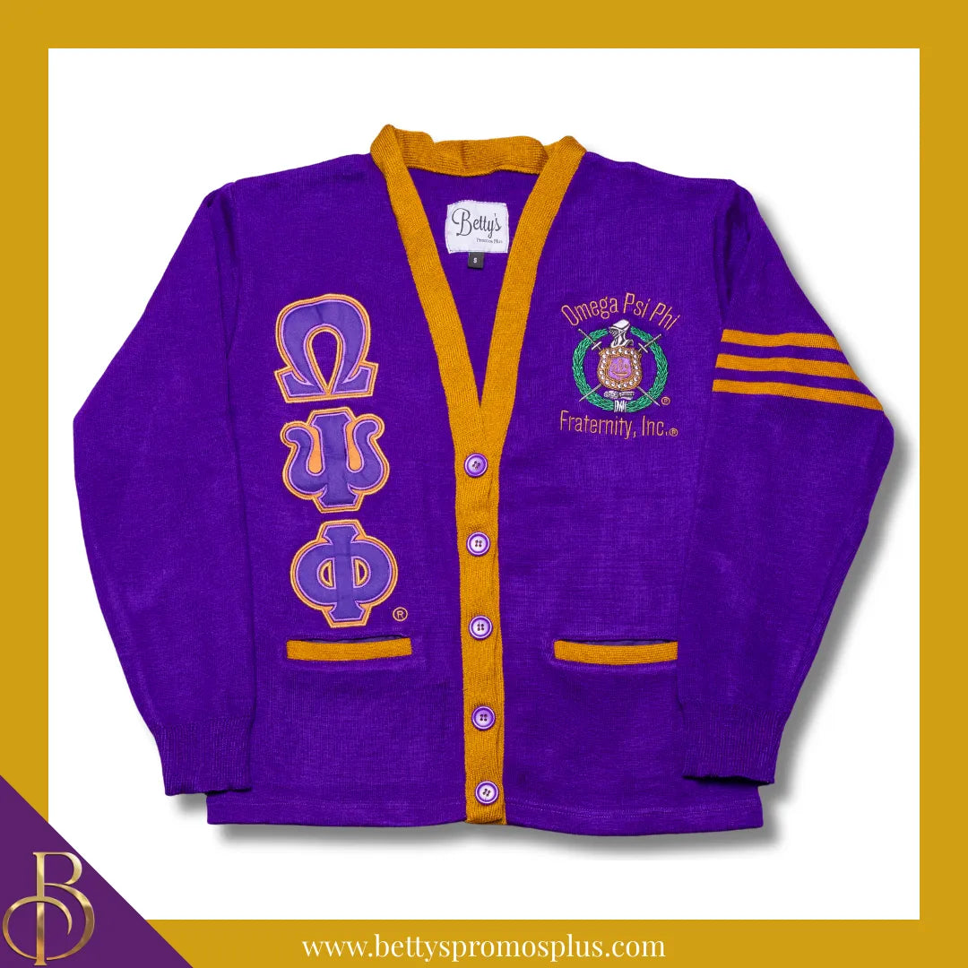 Omega Psi Phi ΩΨΦ Cardigan Sweater with Double Stitched Twill Embroidered Letters & ΩΨΦ Shield-Purple-Gold Trim-Small-Omega Psi Phi Paraphernalia-Omega Psi Phi Sweaters-Betty's Promos Plus