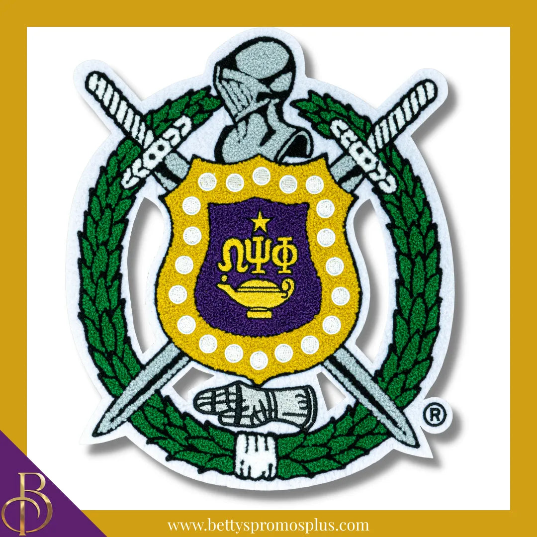 Omega Psi Phi ΩΨΦ Chenille Shield with White Background Embroidery Patch-Chenille-White Background-Omega Psi Phi Paraphernalia-Omega Psi Phi Patch-Betty's Promos Plus