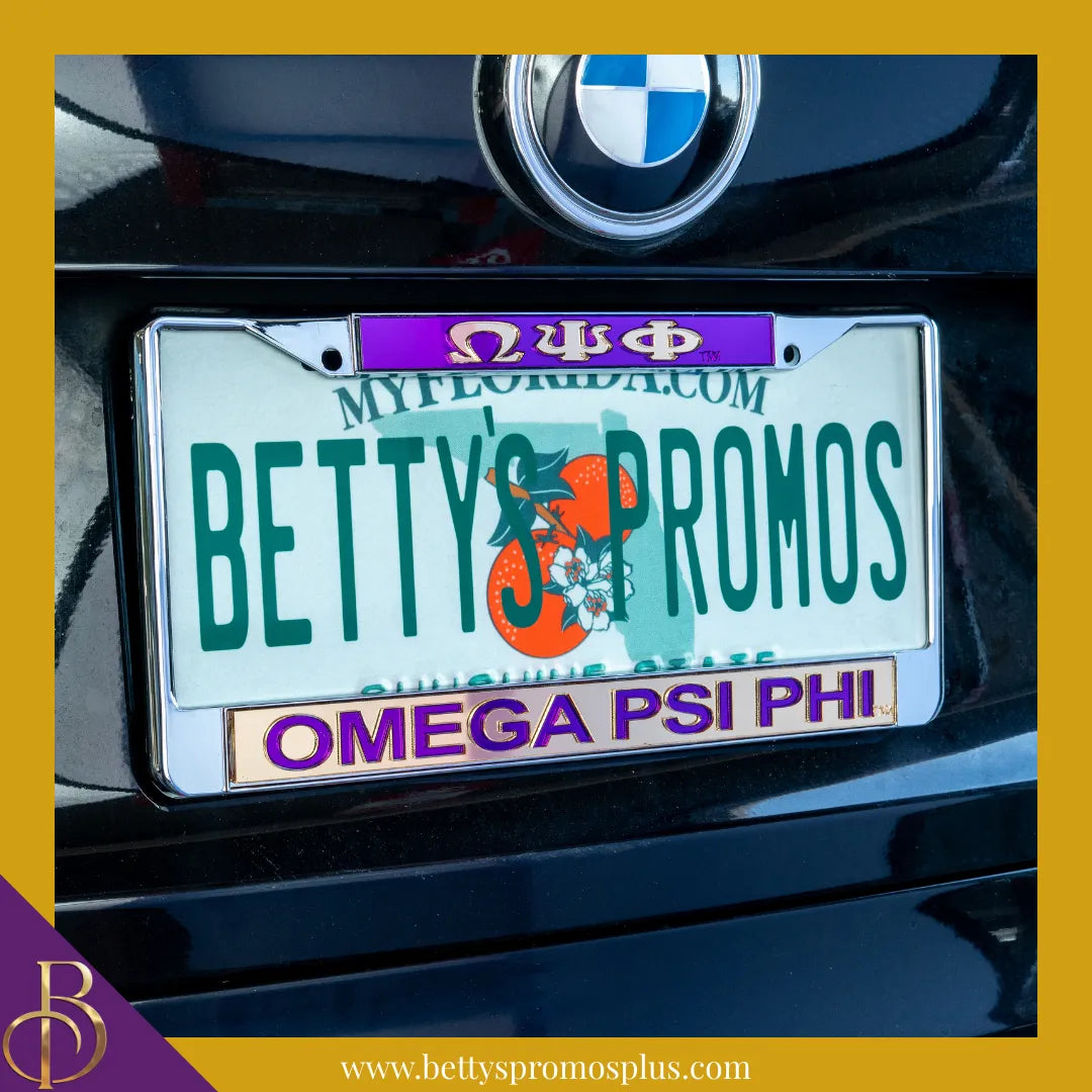 Omega Psi Phi ΩΨΦ Chrome Laser Engraved Mirrored Acrylic License Plate Frame-Omega Psi Phi Paraphernalia-Omega Psi Phi Auto Tag Frame-Betty's Promos Plus