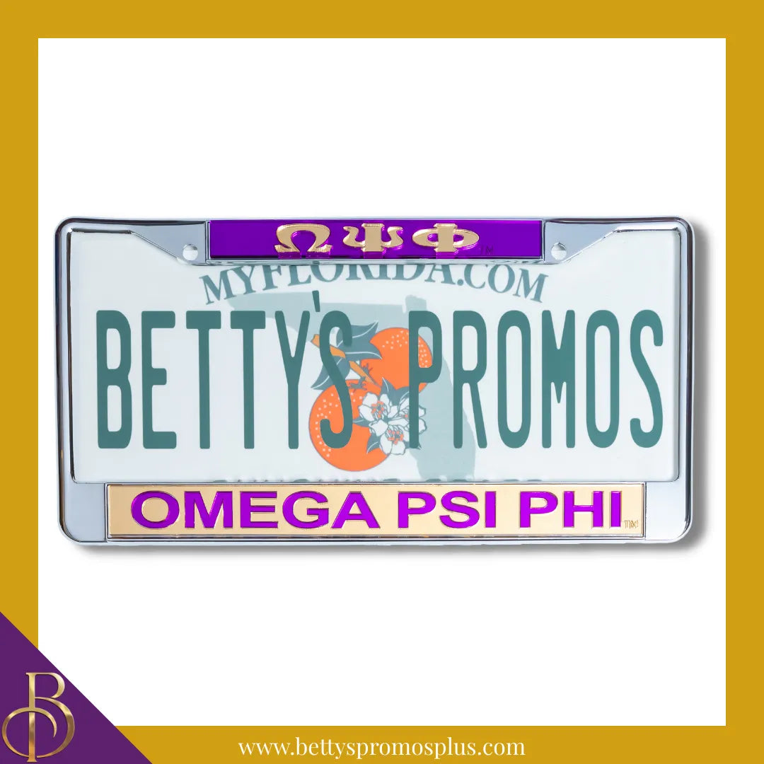 Omega Psi Phi ΩΨΦ Chrome Laser Engraved Mirrored Acrylic License Plate Frame-Omega Psi Phi Paraphernalia-Omega Psi Phi Auto Tag Frame-Betty's Promos Plus