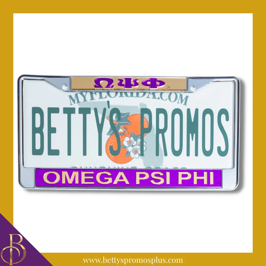 Omega Psi Phi ΩΨΦ Chrome Laser Engraved Mirrored Acrylic License Plate Frame-Omega Psi Phi Paraphernalia-Omega Psi Phi Auto Tag Frame-Betty's Promos Plus