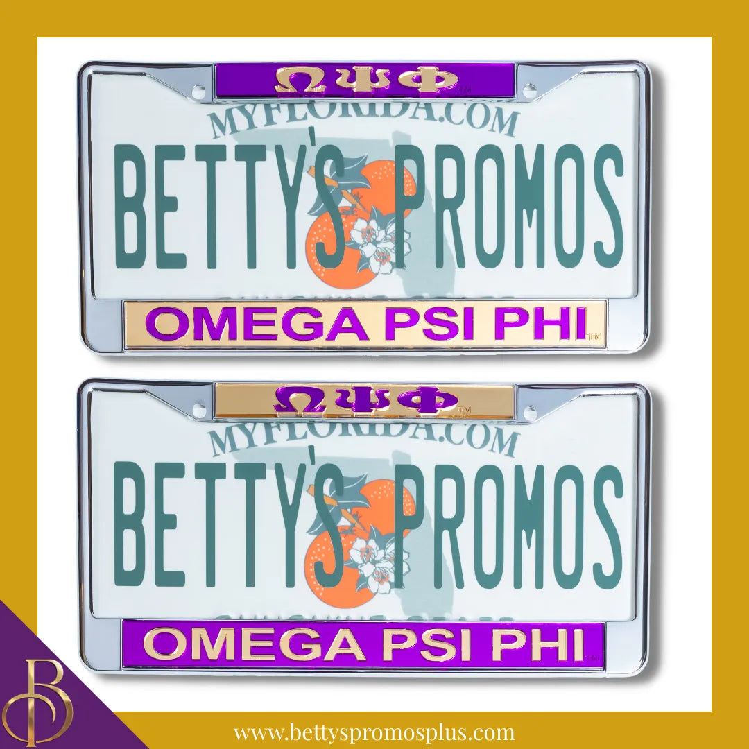 Omega Psi Phi ΩΨΦ Chrome Laser Engraved Mirrored Acrylic License Plate Frame-Omega Psi Phi Paraphernalia-Omega Psi Phi Auto Tag Frame-Betty's Promos Plus