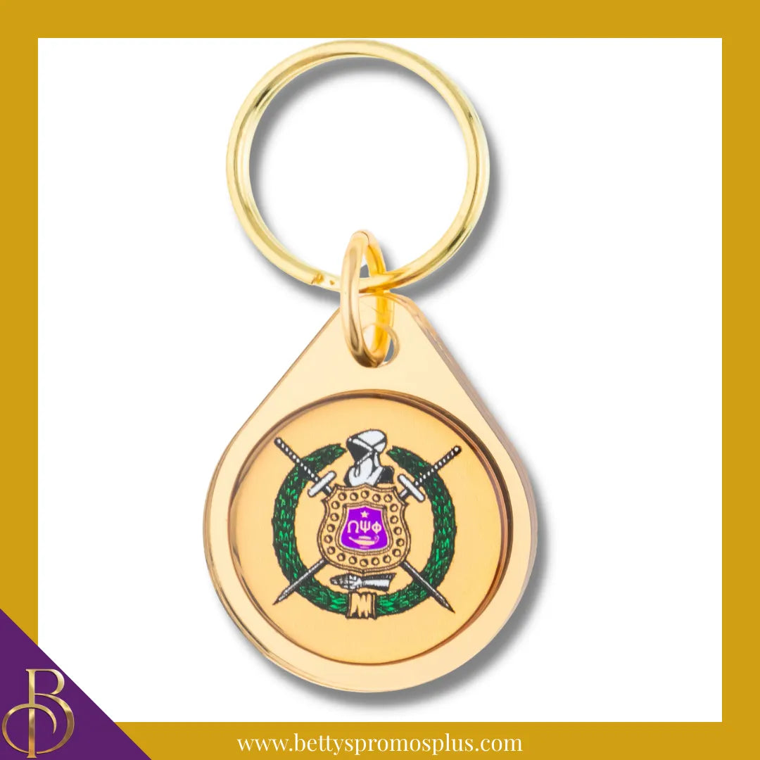 Omega Psi Phi ΩΨΦ Circular Acrylic Keychain with Shield or Greek Letters-Gold-ΩΨΦ Shield-Omega Psi Phi Paraphernalia-Omega Psi Phi Keychain-Betty's Promos Plus