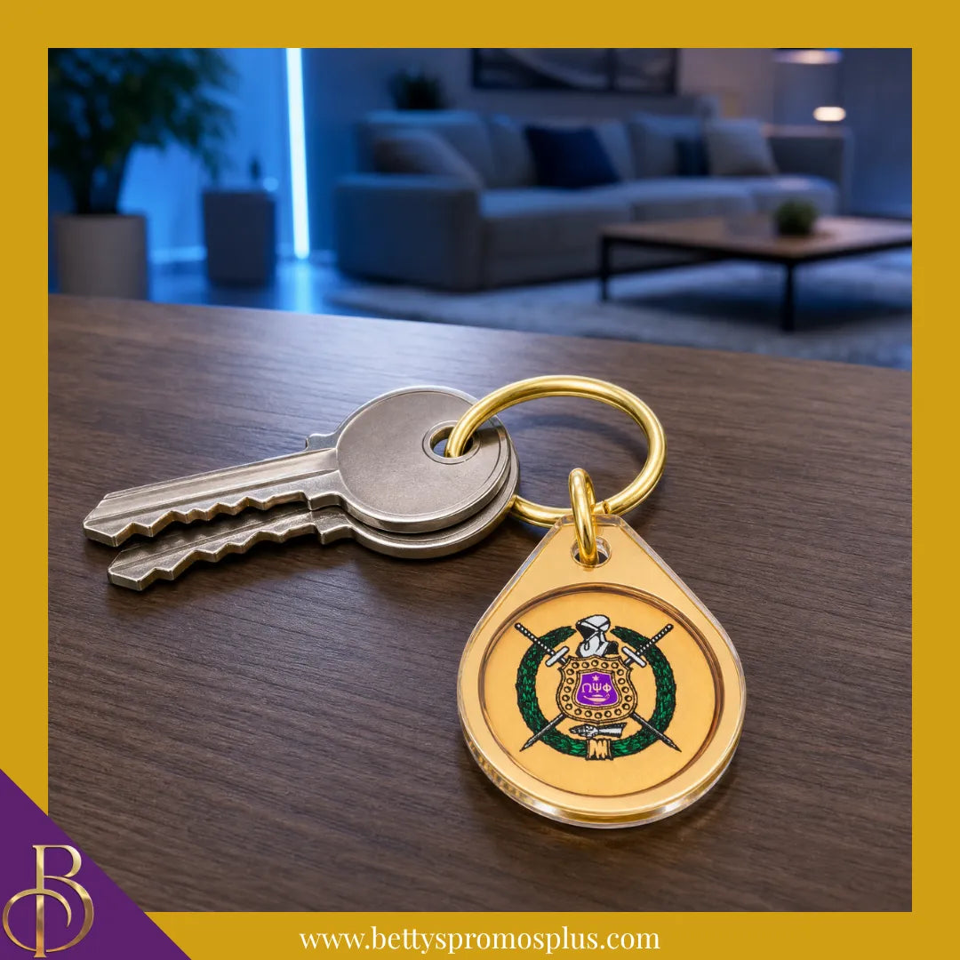 Omega Psi Phi ΩΨΦ Circular Acrylic Keychain with Shield or Greek Letters-Omega Psi Phi Paraphernalia-Omega Psi Phi Keychain-Betty's Promos Plus