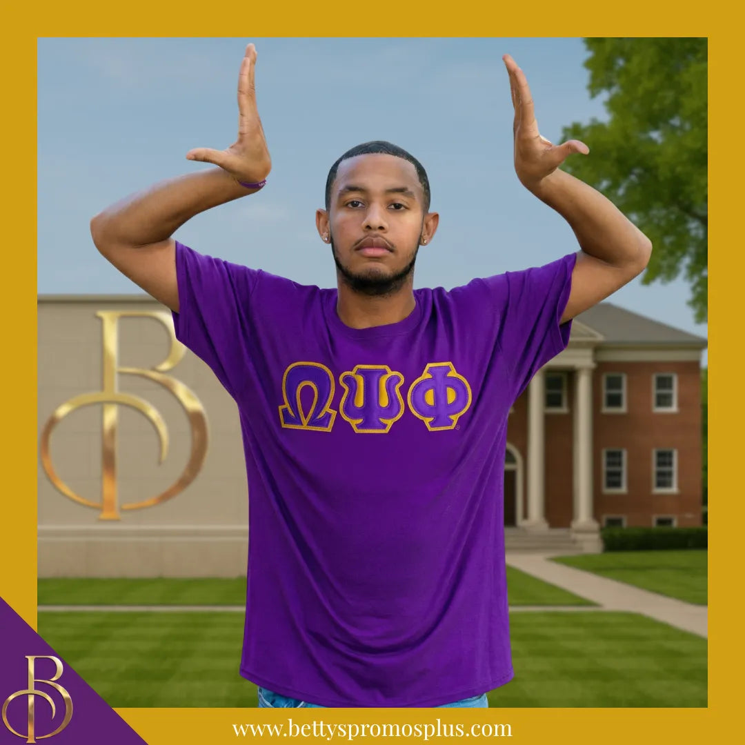 Omega Psi Phi ΩΨΦ Double Stitched Appliqué Embroidered Line T-Shirt-Omega Psi Phi Paraphernalia-Omega Psi Phi T-Shirts-Betty's Promos Plus