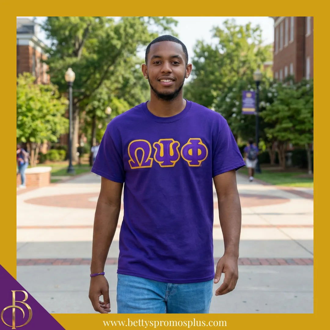 Omega Psi Phi ΩΨΦ Double Stitched Appliqué Embroidered Line T-Shirt-Omega Psi Phi Paraphernalia-Omega Psi Phi T-Shirts-Betty's Promos Plus
