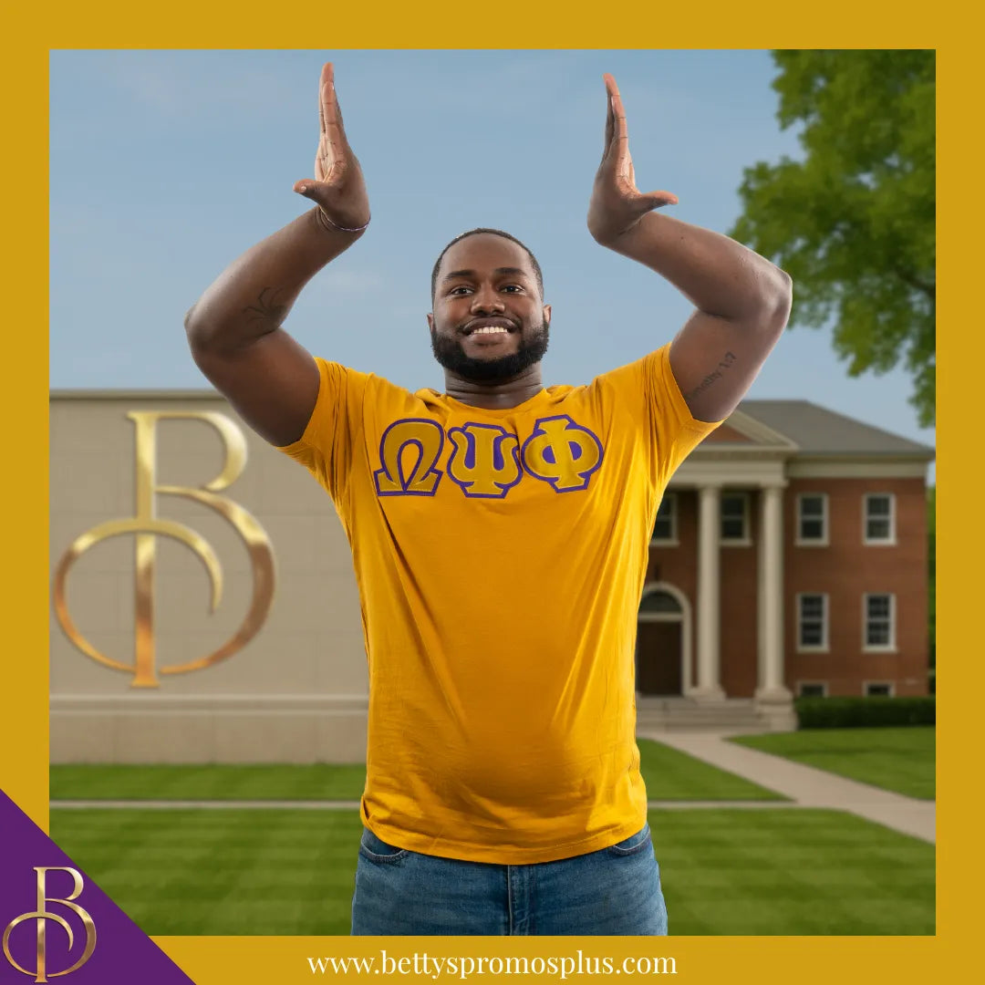 Omega Psi Phi ΩΨΦ Double Stitched Appliqué Embroidered Line T-Shirt-Omega Psi Phi Paraphernalia-Omega Psi Phi T-Shirts-Betty's Promos Plus