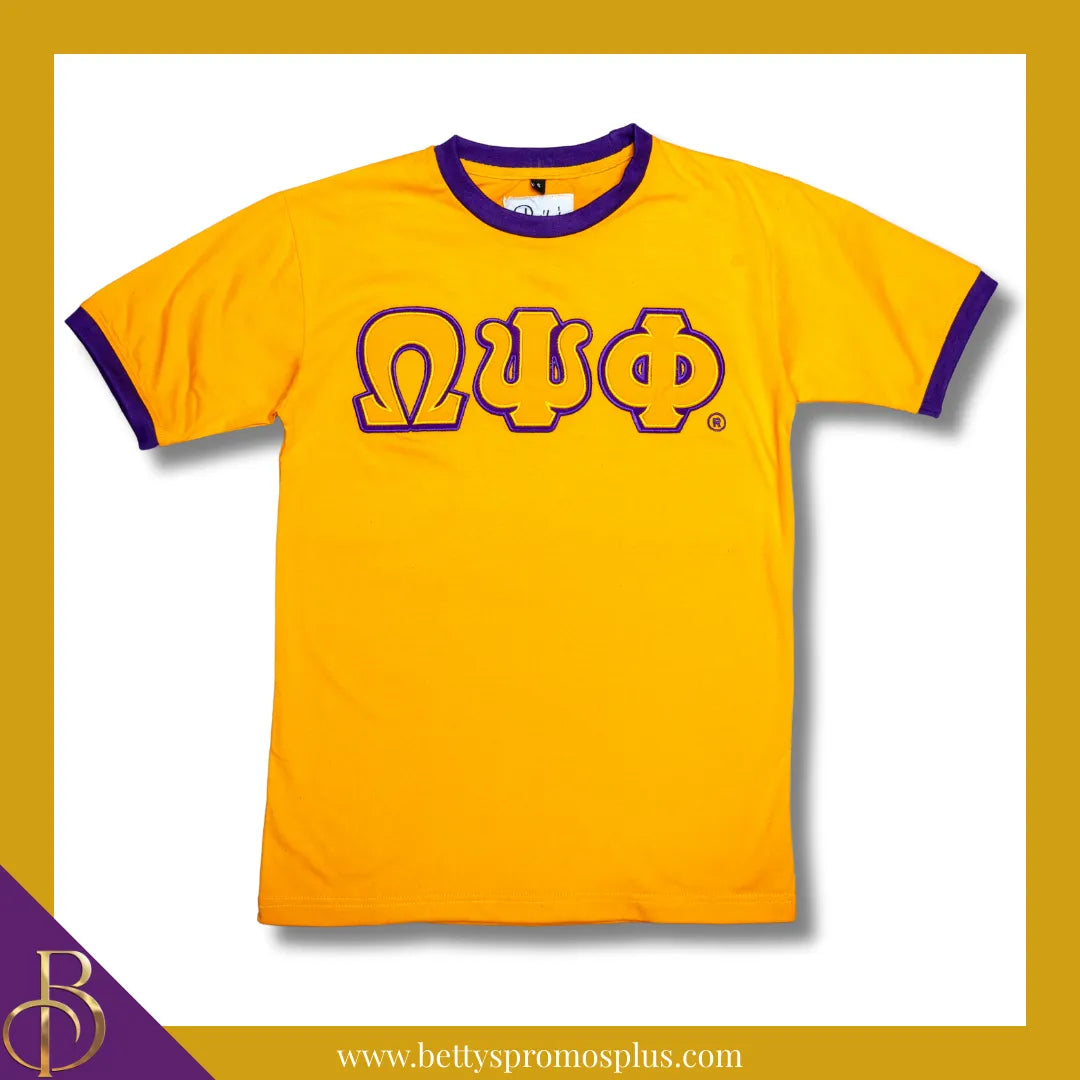 Omega Psi Phi ΩΨΦ Double Stitched Embroidered Ringer T-Shirt-Gold-Small-Omega Psi Phi Paraphernalia-Omega Psi Phi T-Shirts-Betty's Promos Plus
