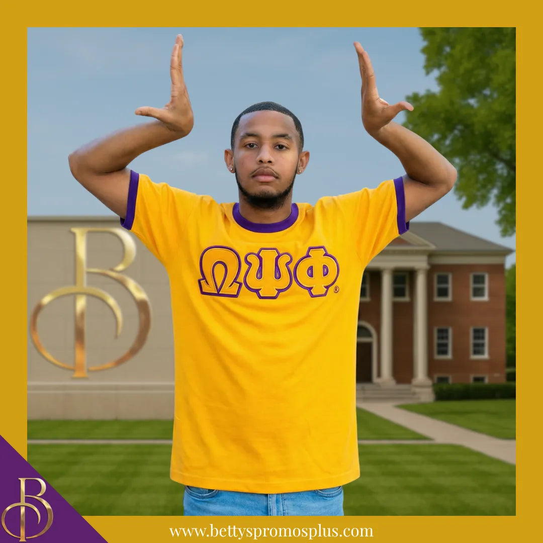 Omega Psi Phi ΩΨΦ Double Stitched Embroidered Ringer T-Shirt-Omega Psi Phi Paraphernalia-Omega Psi Phi T-Shirts-Betty's Promos Plus